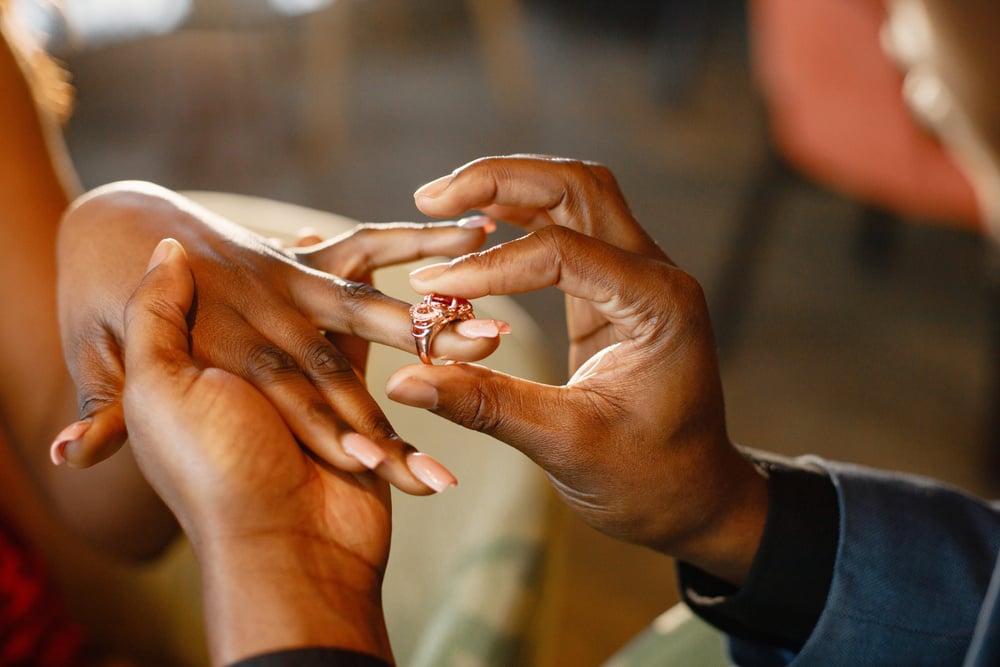 Man Putting Engagement Ring on His Girlfriend's Finger